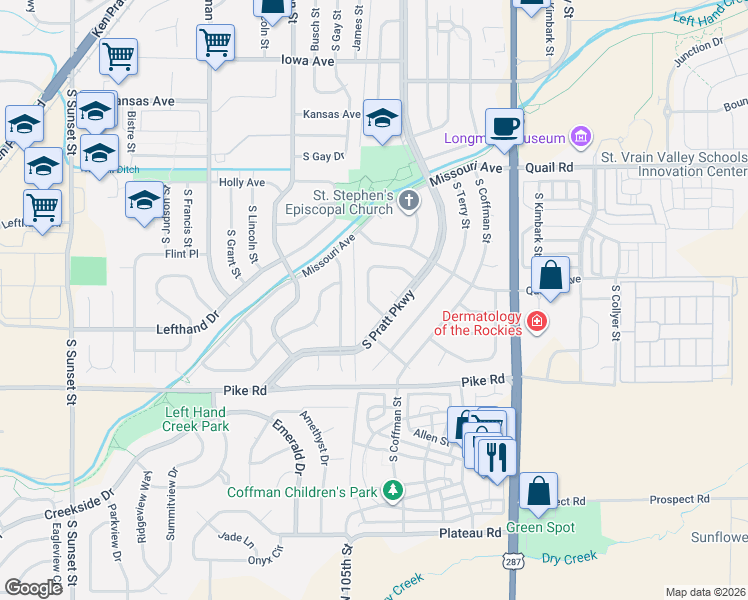 map of restaurants, bars, coffee shops, grocery stores, and more near 11 James Circle in Longmont