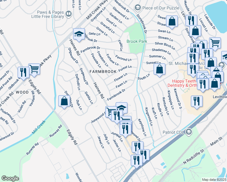 map of restaurants, bars, coffee shops, grocery stores, and more near 6 Fawn Lane in Levittown