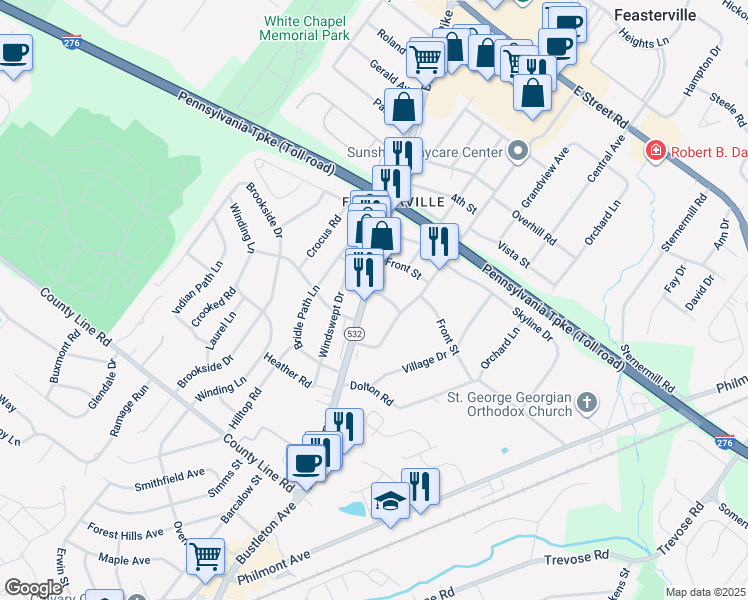 map of restaurants, bars, coffee shops, grocery stores, and more near 244 Bustleton Pike in Feasterville-Trevose