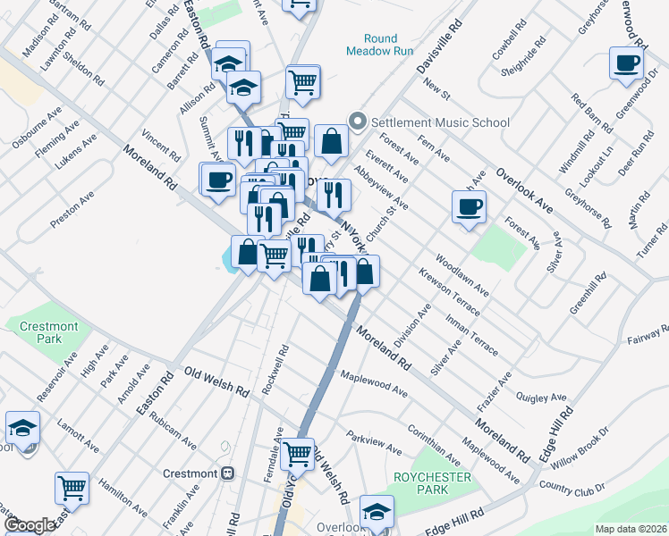 map of restaurants, bars, coffee shops, grocery stores, and more near 36 Cherry Street in Willow Grove