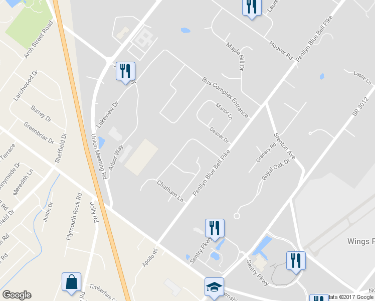 map of restaurants, bars, coffee shops, grocery stores, and more near 680 Wyndrise Drive in Blue Bell