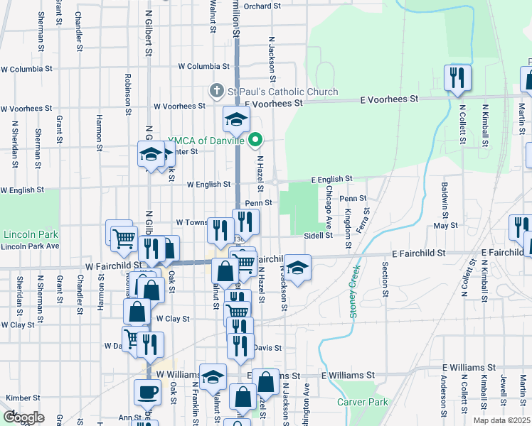 map of restaurants, bars, coffee shops, grocery stores, and more near 1009 N Hazel St in Danville