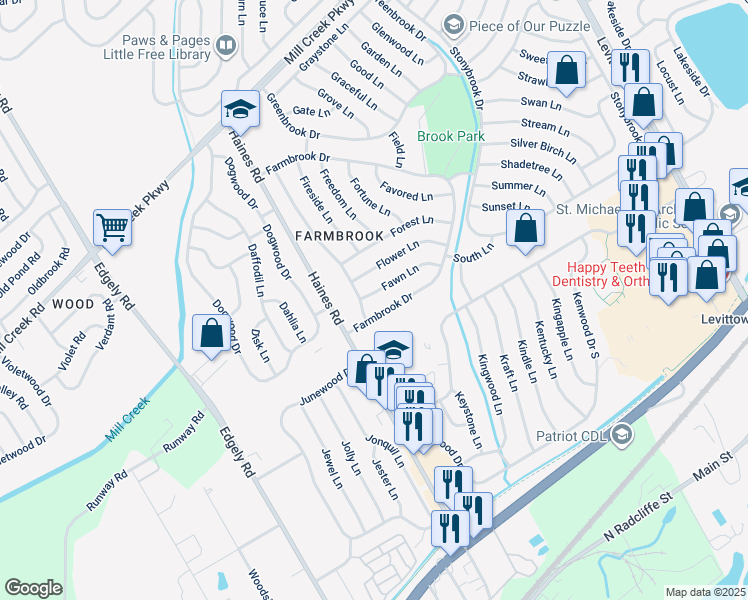 map of restaurants, bars, coffee shops, grocery stores, and more near 6 Fawn Lane in Levittown