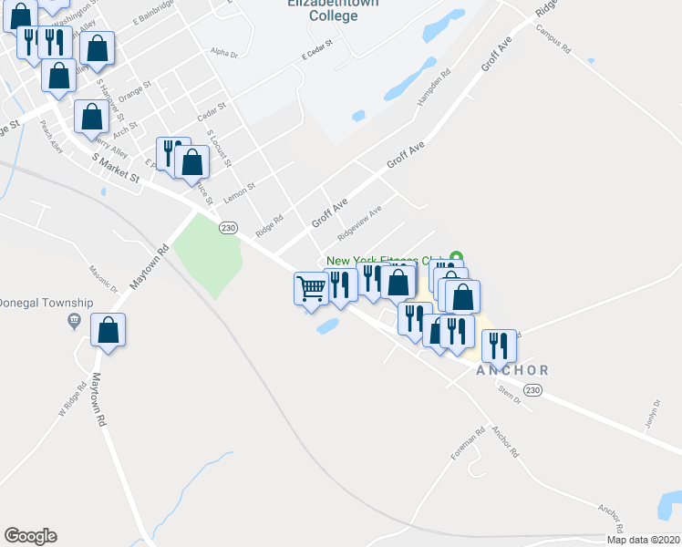 map of restaurants, bars, coffee shops, grocery stores, and more near 1314 South Mount Joy Street in Elizabethtown