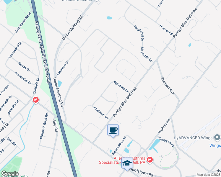 map of restaurants, bars, coffee shops, grocery stores, and more near 680 Wyndrise Drive in Blue Bell