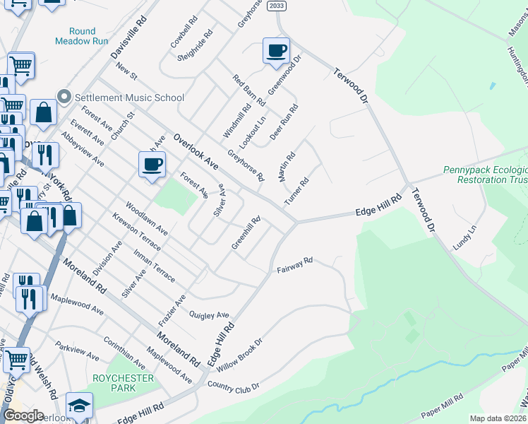 map of restaurants, bars, coffee shops, grocery stores, and more near 510 Overlook Avenue in Willow Grove