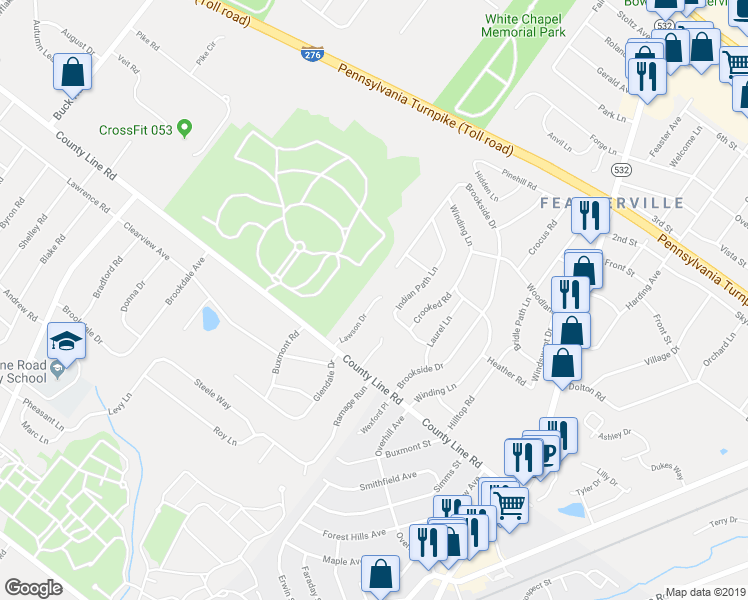 map of restaurants, bars, coffee shops, grocery stores, and more near 13 Lawson Drive in Feasterville-Trevose