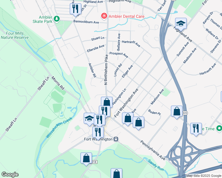map of restaurants, bars, coffee shops, grocery stores, and more near 210 Locust Road in Fort Washington
