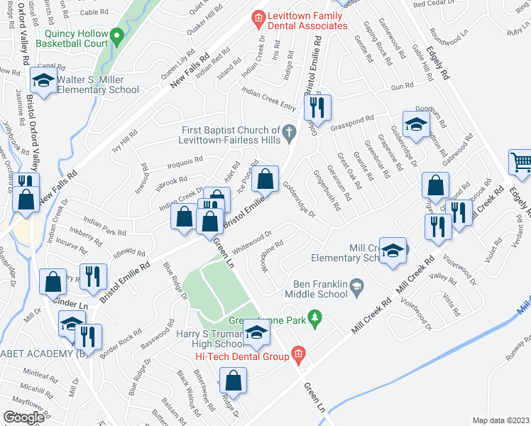 map of restaurants, bars, coffee shops, grocery stores, and more near 6004 Bristol Emilie Road in Levittown