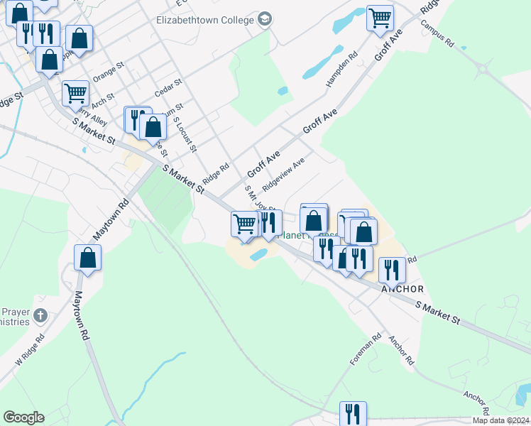 map of restaurants, bars, coffee shops, grocery stores, and more near 1308 South Mount Joy Street in Elizabethtown
