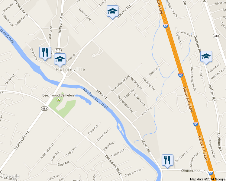 map of restaurants, bars, coffee shops, grocery stores, and more near 335 Washington Ave in Hulmeville
