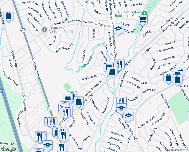 map of restaurants, bars, coffee shops, grocery stores, and more near 75 Long Loop Road in Levittown