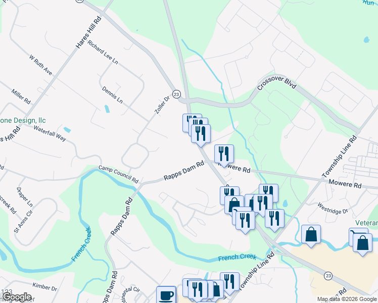 map of restaurants, bars, coffee shops, grocery stores, and more near 1107 Rapps Dam Road in Phoenixville