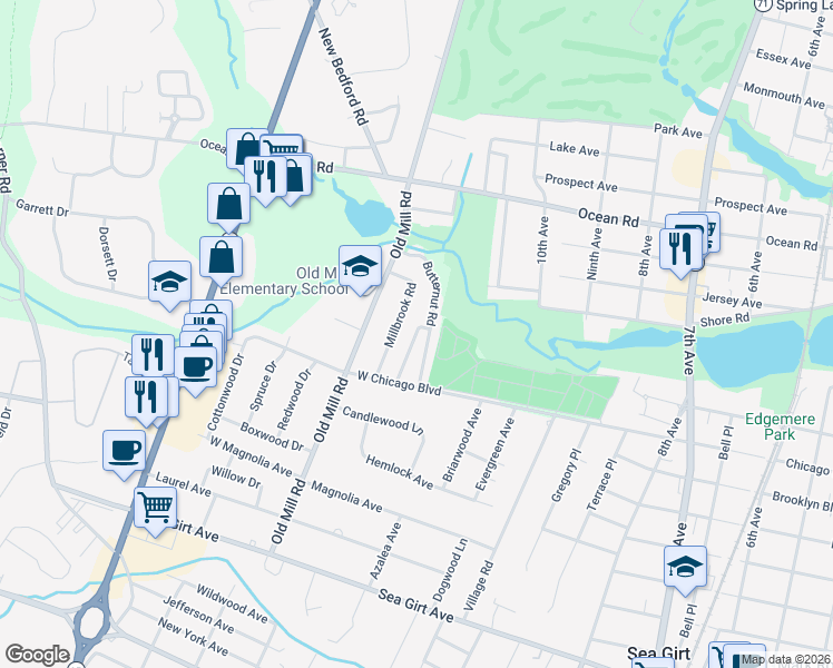 map of restaurants, bars, coffee shops, grocery stores, and more near 2127 Millbrook Road in Sea Girt
