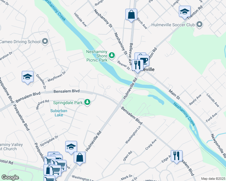 map of restaurants, bars, coffee shops, grocery stores, and more near 3200 Bensalem Boulevard in Bucks County