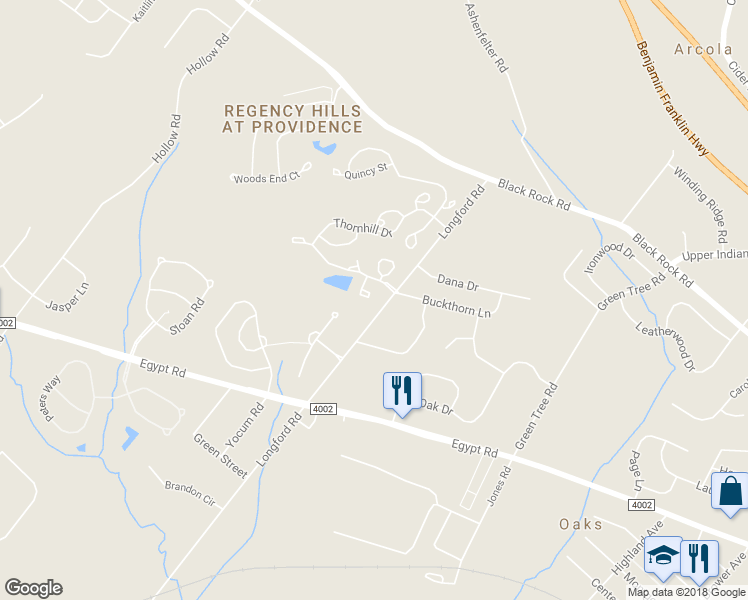 map of restaurants, bars, coffee shops, grocery stores, and more near 47 Sheffield Court in Collegeville