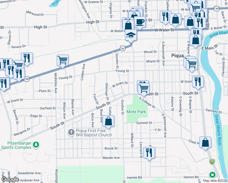 map of restaurants, bars, coffee shops, grocery stores, and more near 341 Ellerman Street in Piqua