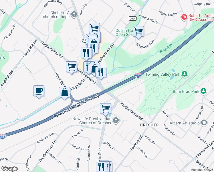 map of restaurants, bars, coffee shops, grocery stores, and more near in Dresher