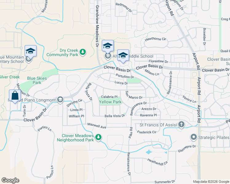 map of restaurants, bars, coffee shops, grocery stores, and more near 4520 Bella Vista Drive in Longmont