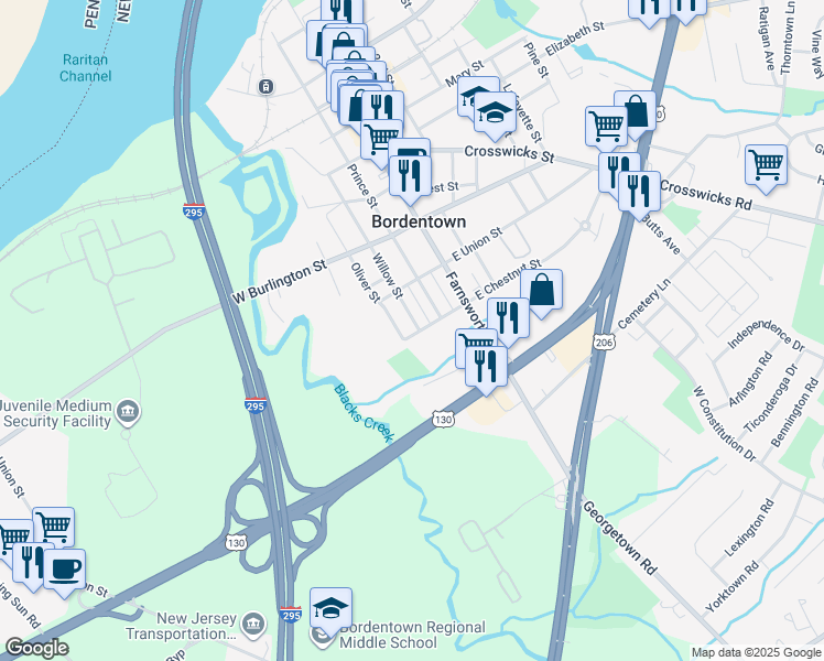 map of restaurants, bars, coffee shops, grocery stores, and more near 525 Willow Street in Bordentown