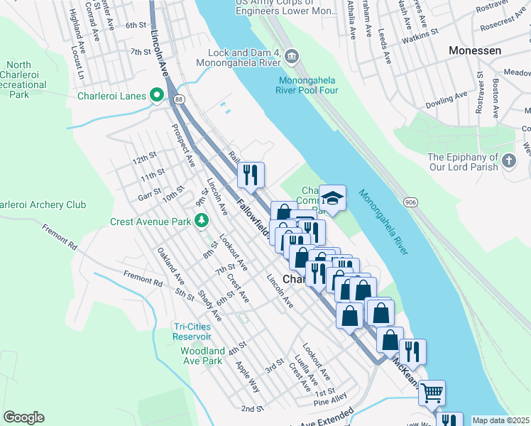 map of restaurants, bars, coffee shops, grocery stores, and more near 728 McKean Avenue in Charleroi