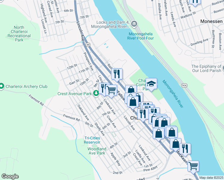 map of restaurants, bars, coffee shops, grocery stores, and more near 349 8th Street in Charleroi