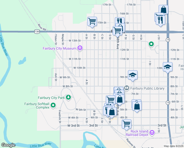 map of restaurants, bars, coffee shops, grocery stores, and more near 106 10th Street in Fairbury