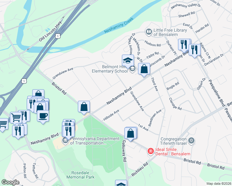 map of restaurants, bars, coffee shops, grocery stores, and more near 4809 Overland Road in Bensalem
