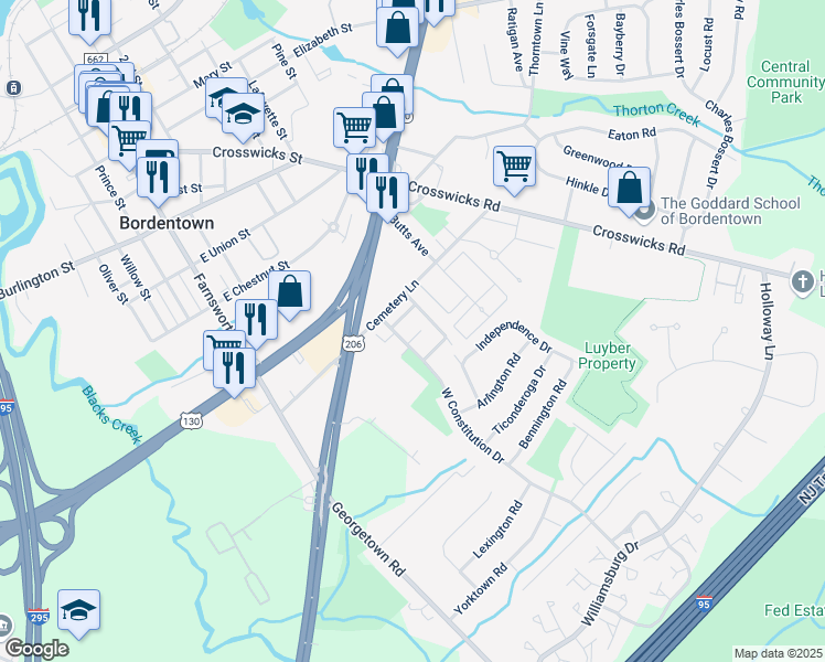 map of restaurants, bars, coffee shops, grocery stores, and more near 23 Bordenshire Drive in Bordentown