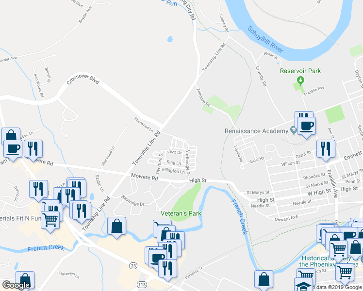 map of restaurants, bars, coffee shops, grocery stores, and more near 2003 Northridge Way in Phoenixville