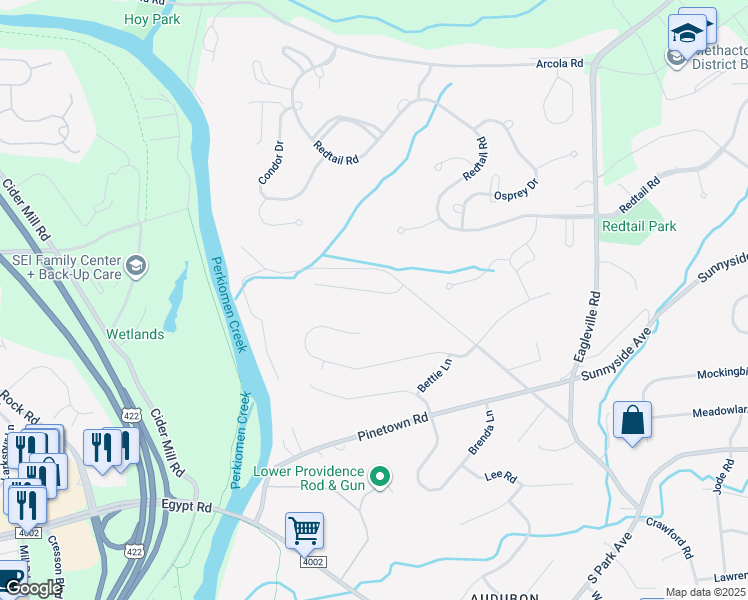 map of restaurants, bars, coffee shops, grocery stores, and more near 10 Woodsedge Road in Audubon