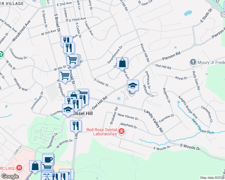 map of restaurants, bars, coffee shops, grocery stores, and more near 811 South Cedar Street in Lititz