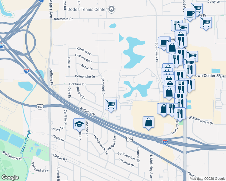 map of restaurants, bars, coffee shops, grocery stores, and more near 1155 Baytowne Drive in Champaign