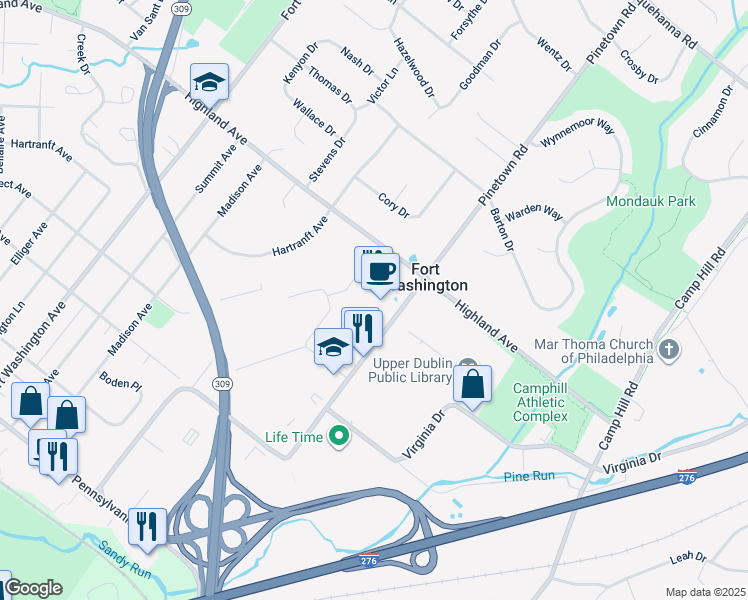 map of restaurants, bars, coffee shops, grocery stores, and more near 550 Pinetown Road in Fort Washington