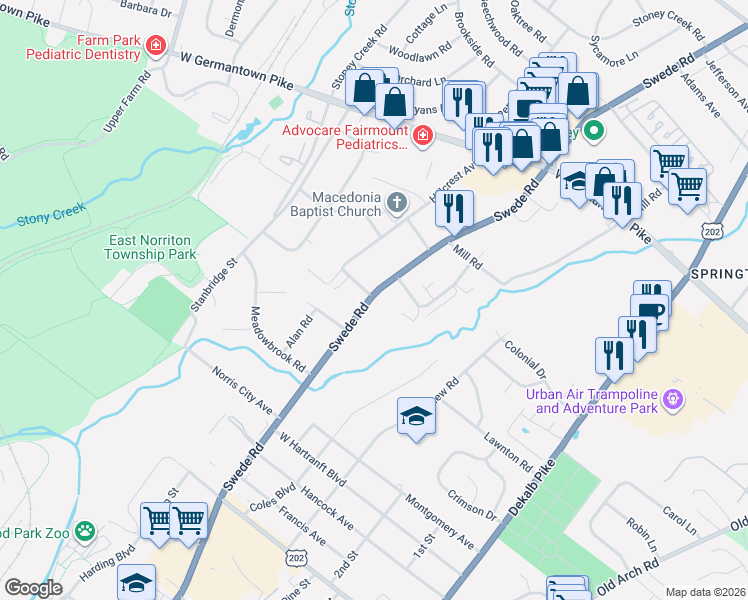 map of restaurants, bars, coffee shops, grocery stores, and more near 2604 Swede Road in East Norriton