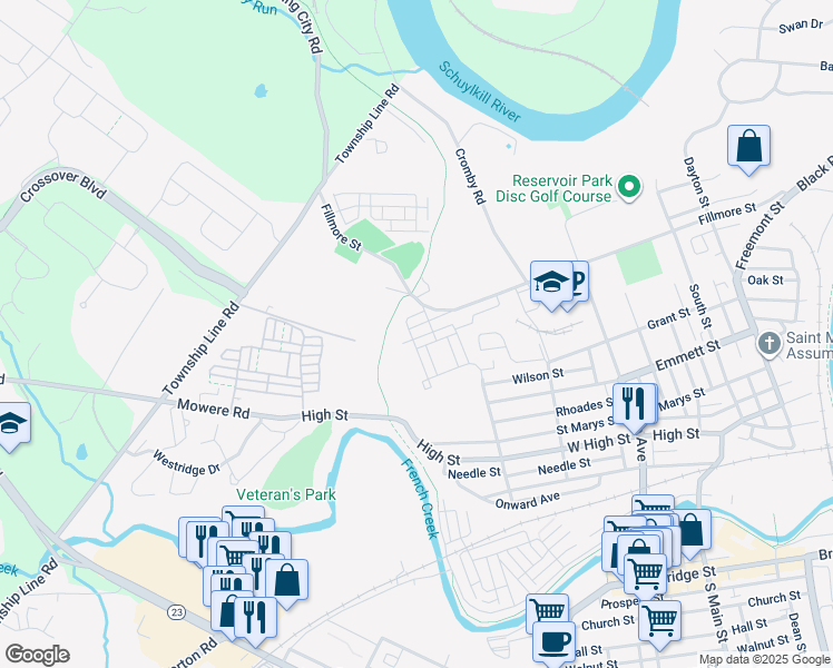 map of restaurants, bars, coffee shops, grocery stores, and more near 230 Ashburn Road in Phoenixville