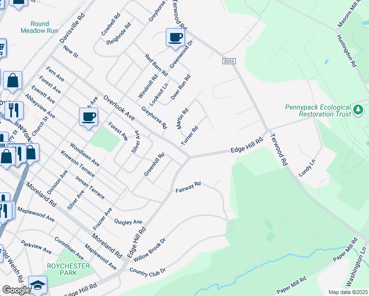 map of restaurants, bars, coffee shops, grocery stores, and more near 2445 Turner Road in Willow Grove