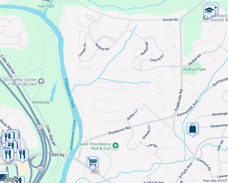 map of restaurants, bars, coffee shops, grocery stores, and more near 10 Woodsedge Road in Audubon