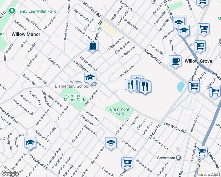 map of restaurants, bars, coffee shops, grocery stores, and more near 2621 Old Welsh Road in Willow Grove