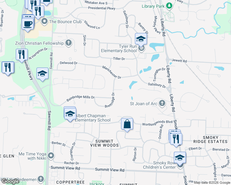 map of restaurants, bars, coffee shops, grocery stores, and more near 10528 Brettridge Drive in Powell