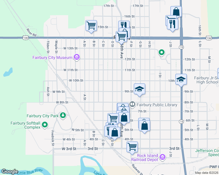 map of restaurants, bars, coffee shops, grocery stores, and more near 928 C Street in Fairbury
