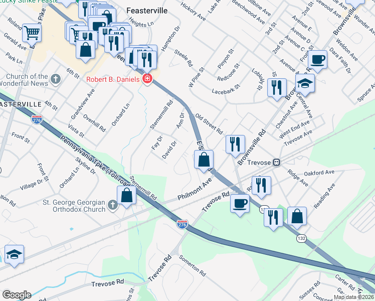 map of restaurants, bars, coffee shops, grocery stores, and more near 516 Bruce Road in Feasterville-Trevose