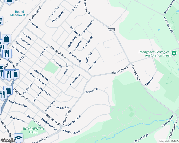 map of restaurants, bars, coffee shops, grocery stores, and more near 2445 Turner Road in Willow Grove