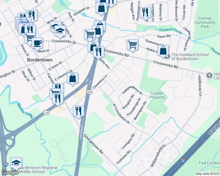 map of restaurants, bars, coffee shops, grocery stores, and more near 18 Bordenshire Drive in Bordentown