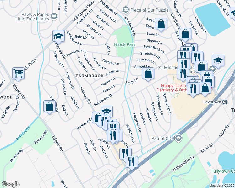 map of restaurants, bars, coffee shops, grocery stores, and more near 46 Farmbrook Drive in Levittown