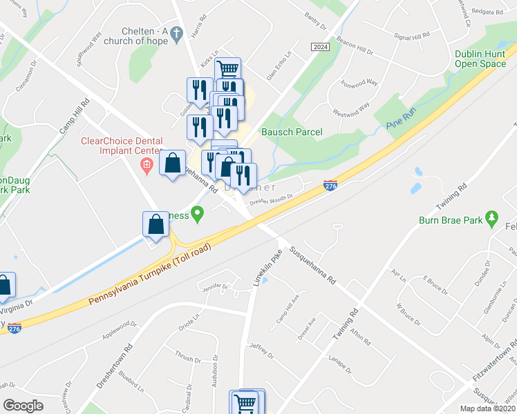 map of restaurants, bars, coffee shops, grocery stores, and more near 107 Dresher Woods Drive in Dresher