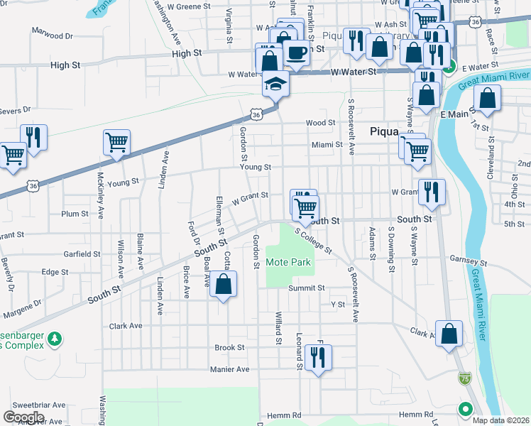 map of restaurants, bars, coffee shops, grocery stores, and more near 505 Kitt Street in Piqua