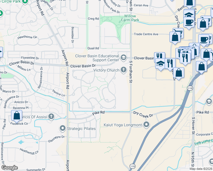 map of restaurants, bars, coffee shops, grocery stores, and more near 1328 Indian Paintbrush Lane in Longmont