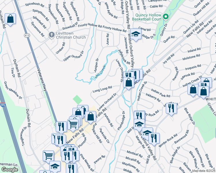 map of restaurants, bars, coffee shops, grocery stores, and more near 75 Long Loop Road in Levittown