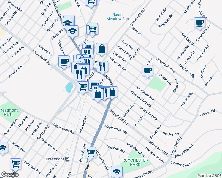 map of restaurants, bars, coffee shops, grocery stores, and more near 34 Old York Road in Willow Grove
